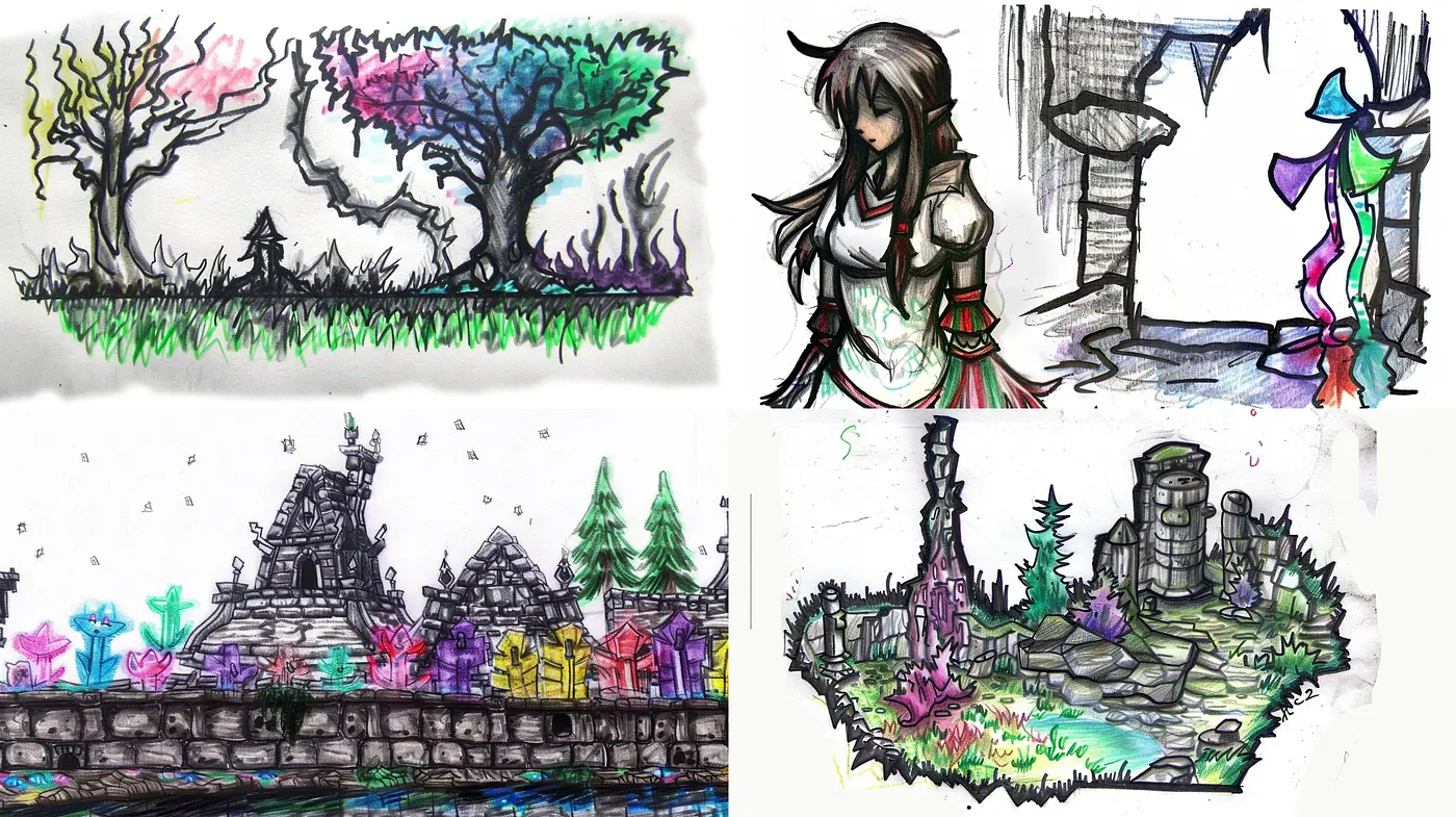 Sketchbook Fantasy: Hand-drawn Dreamscapes Infused with Luminous Hues - Midjourney sref style
