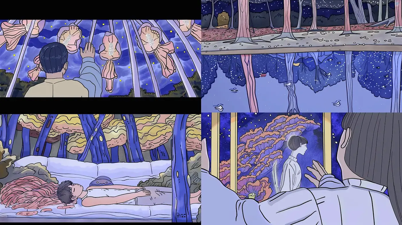 Ethereal Dreamscape with Surreal Character Interactions and Soft Color Palette - Midjourney sref style