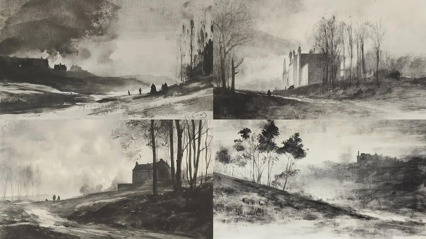 Ethereal Monochromatic Landscapes: A Homage to Traditional Ink Wash Techniques - Midjourney sref style