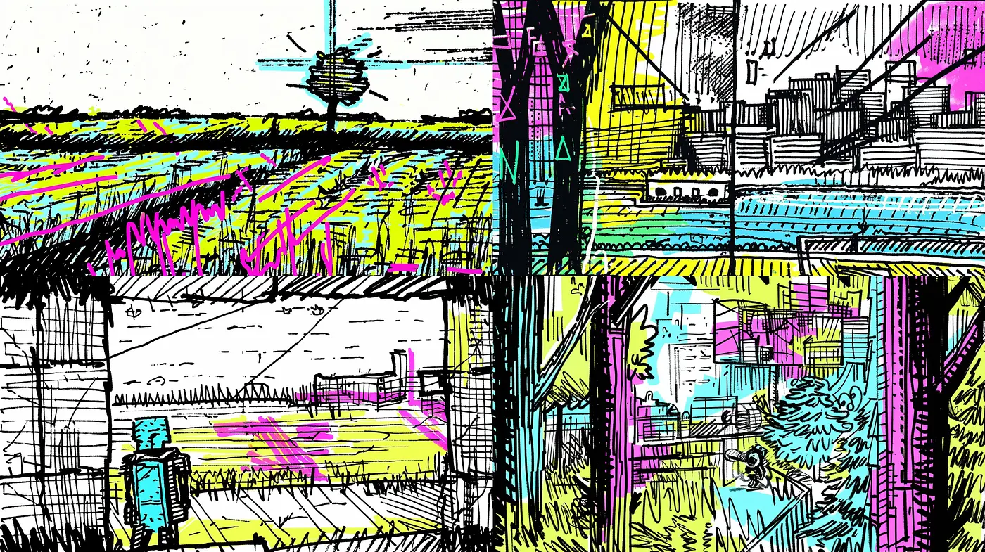 Vibrant Neon Sketchwork: A Fusion of Dynamic Hues and Stylized Line Art - Midjourney sref style