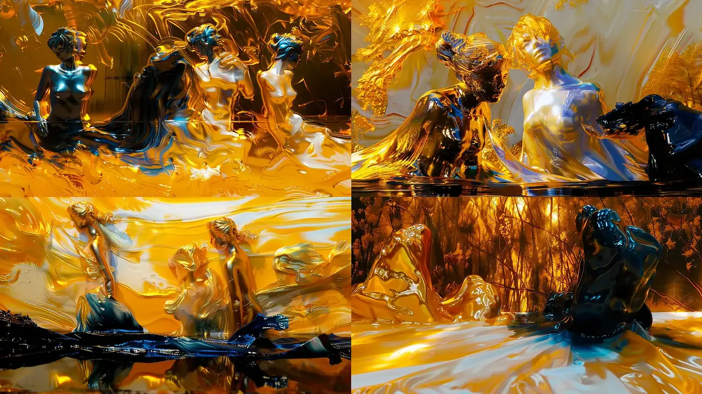 Fluid and Ethereal Visuals with a Golden Touch - Midjourney sref style