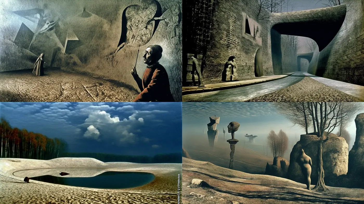 Ethereal Surreal Worlds: A Fusion of Dreamlike Landscapes and Melancholic Hues - Midjourney sref style