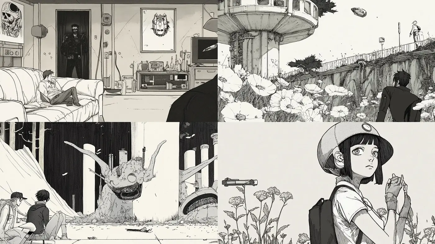 Monochromatic Manga-Inspired Illustrations with a Surrealistic Edge - Midjourney sref style