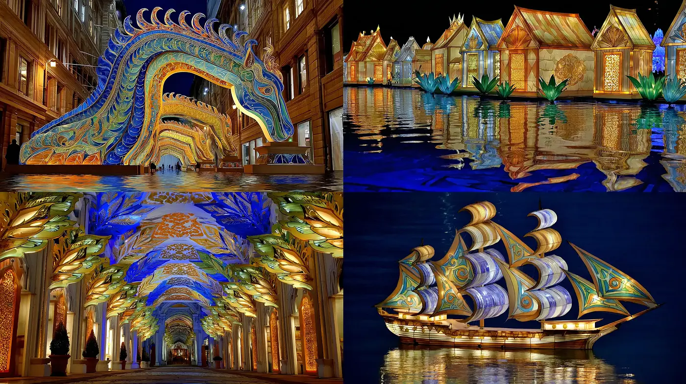 Whimsical and Illuminated Wonderland with Architectural Grandeur - Midjourney sref style