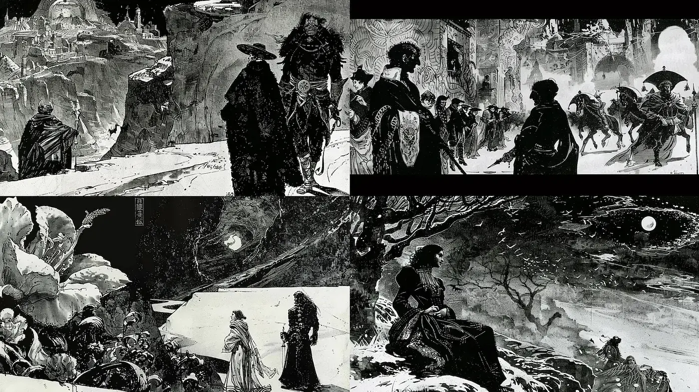 Dark Fantasy with a Touch of Romanticism in Monochrome Landscapes - Midjourney sref style