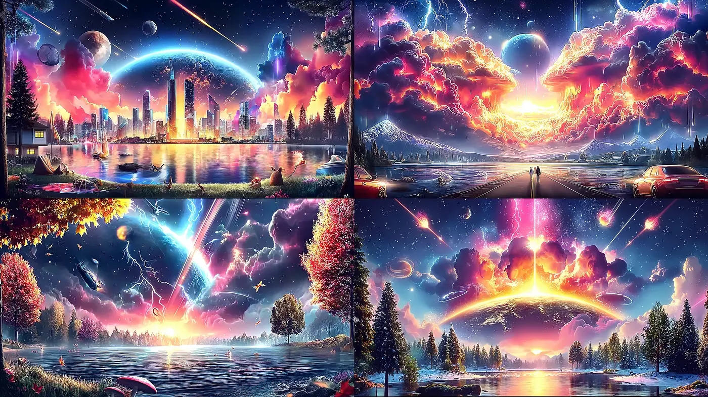 Cosmic Landscapes with Vivid Celestial Elements and Dreamlike Atmosphere - Midjourney sref style