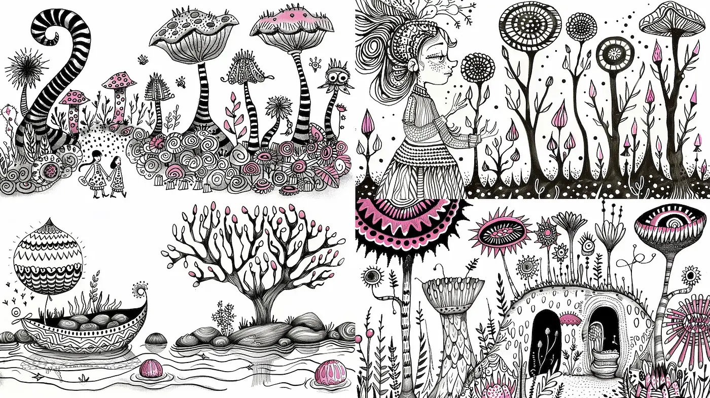Whimsical and intricate black-and-white illustrations with a touch of floral fantasy - Midjourney sref style