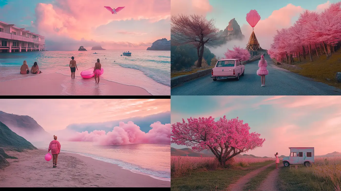Cinematic Pastel Dreamscape: A Study in Pink and Cyan Hues - Midjourney sref style
