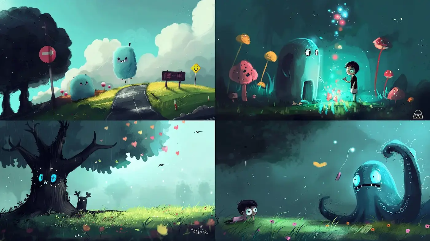 Whimsical and Enchanting Digital Illustrations with Playful Characters - Midjourney sref style