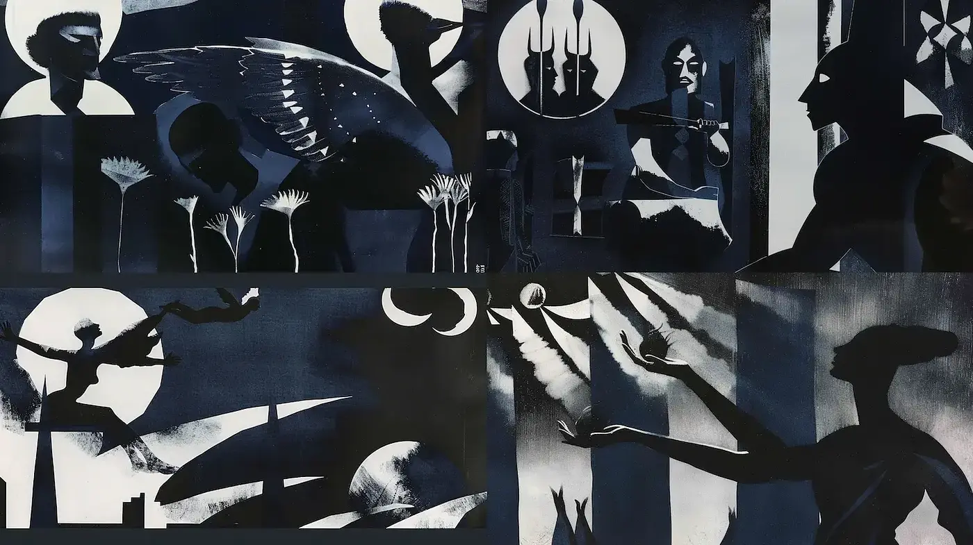 Monochromatic Silhouette Storytelling - Midjourney sref style