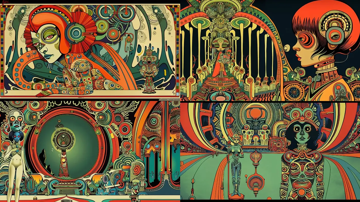 Futuristic Art Deco Revival with Psychedelic Flair - Midjourney sref style