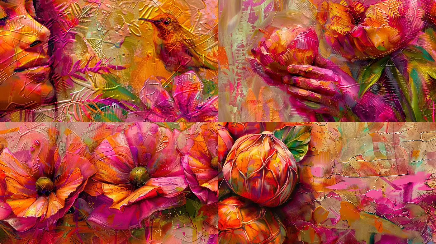 Vibrant Botanical Dreamscape with Textured Layers - Midjourney sref style