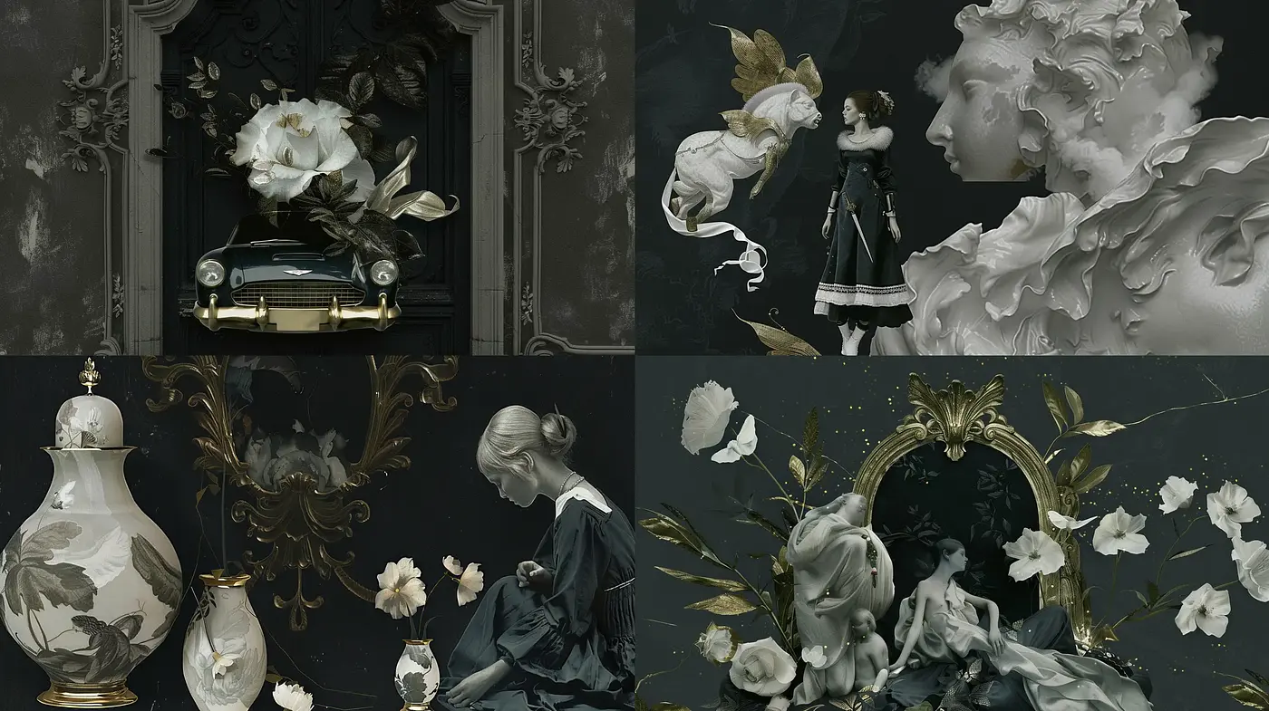 Baroque Revival in Monochromatic Elegance - Midjourney sref style