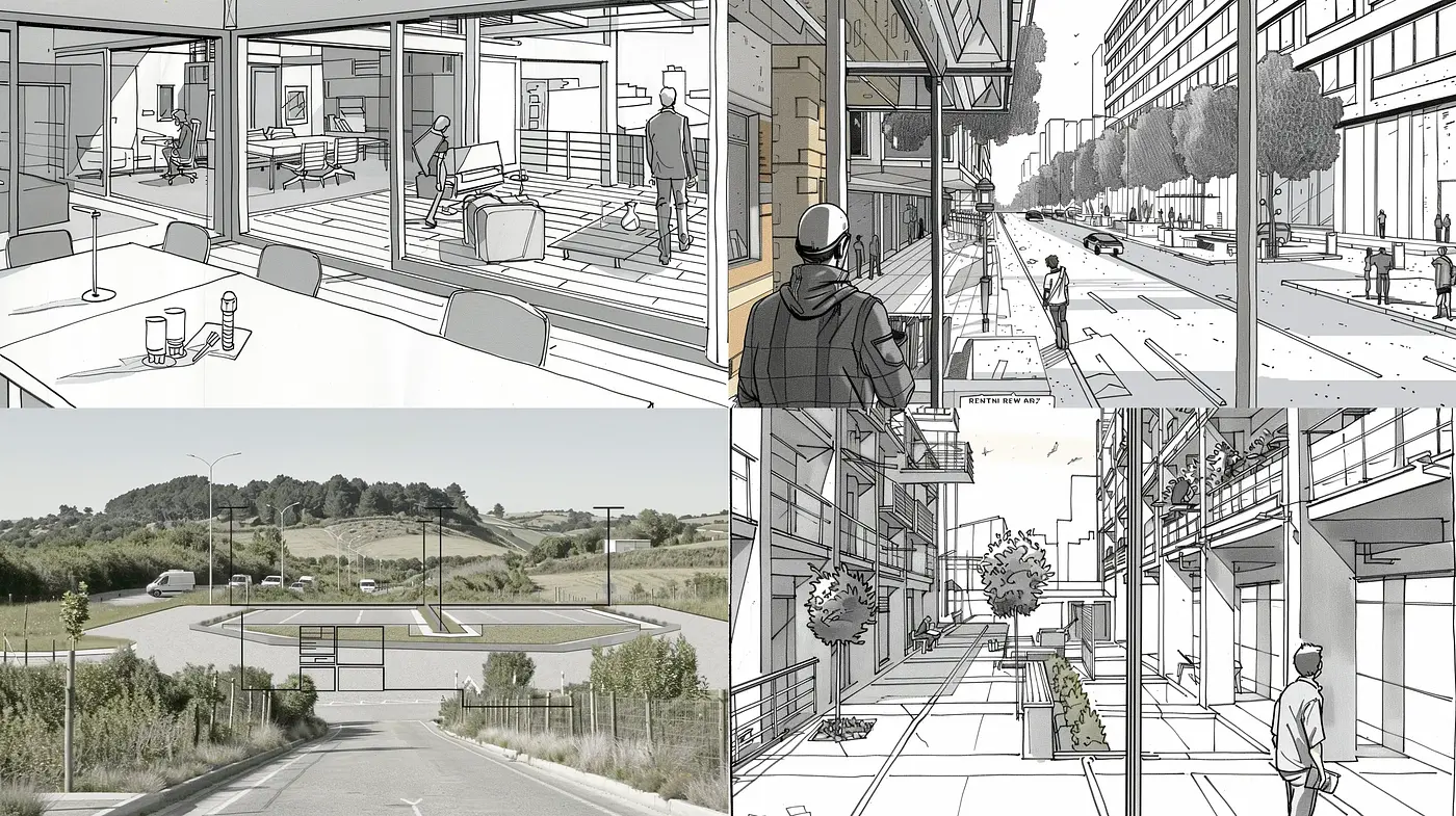 Monochromatic Architectural Ink Sketches with a Touch of Verdancy - Midjourney sref style