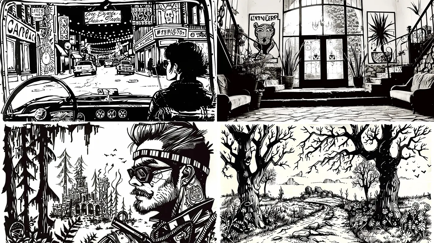 Stark Inked Realities: A Homage to Graphic Novel Aesthetics and Monochromatic Moods - Midjourney sref style