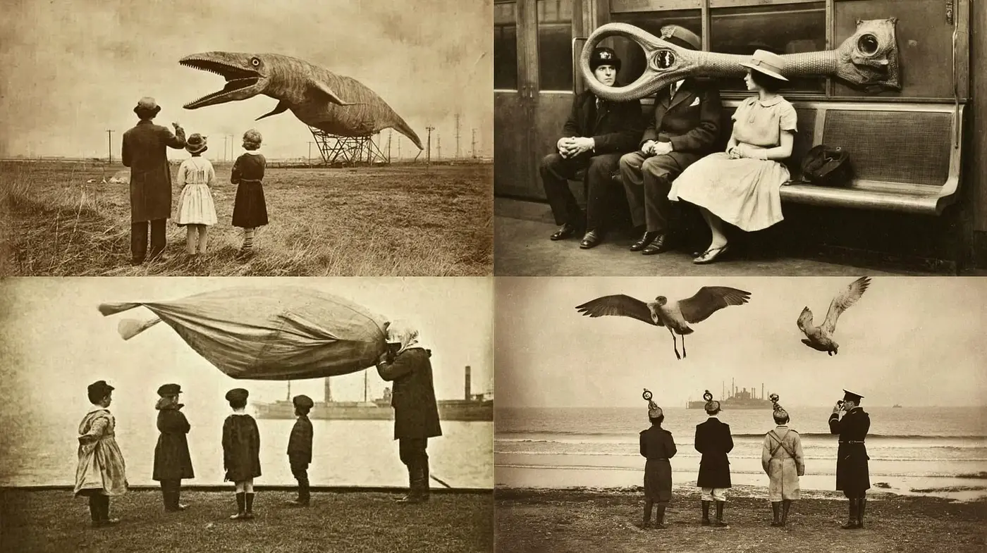 Surrealistic Vintage Imagery with Whimsical Elements and Monochromatic Tones - Midjourney sref style