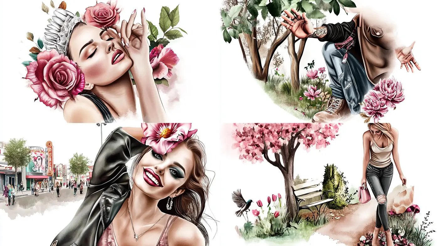 Blooming Elegance in Rosy Tones: A Fusion of Digital and Traditional Artistic Techniques - Midjourney sref style