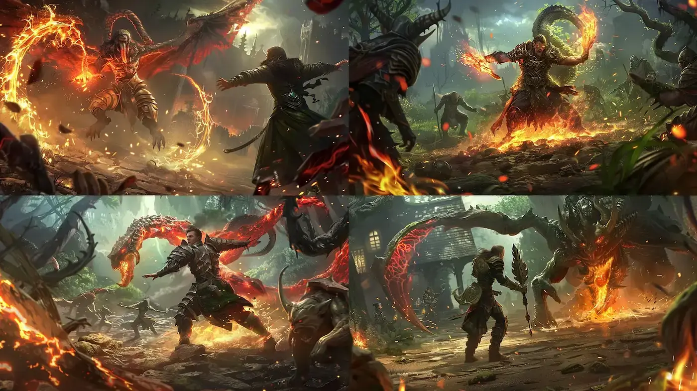 Epic Fantastical Battle Renderings with Dynamic Movements and Vivid Flames - Midjourney sref style