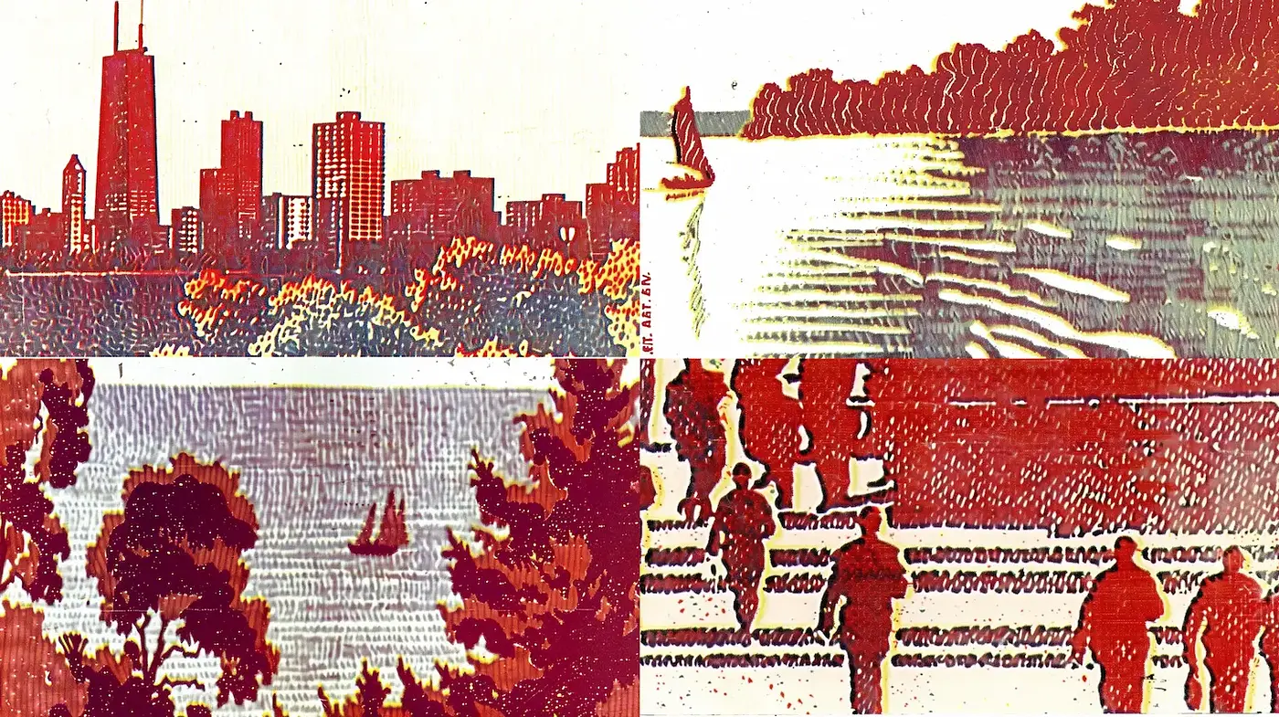 Red-Tinted Vintage Illustrations with an Urban and Natural Aesthetic - Midjourney sref style