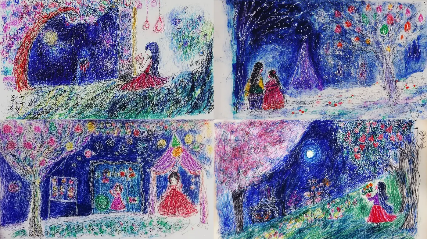 Whimsical Nightscape in Impressionistic Crayon Strokes - Midjourney sref style