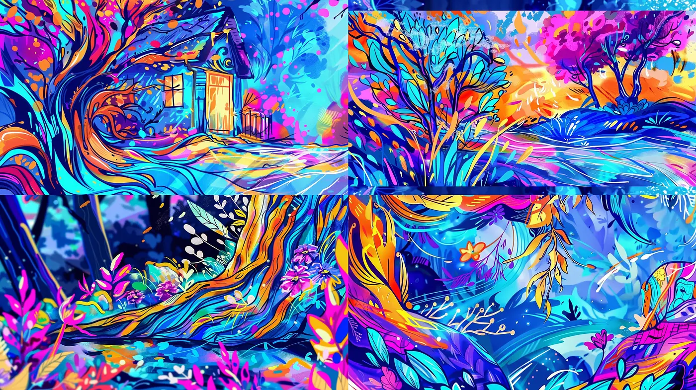 Whimsical Chromatic Vortex: A Fusion of Vibrant Hues and Expressive Brushwork - Midjourney sref style