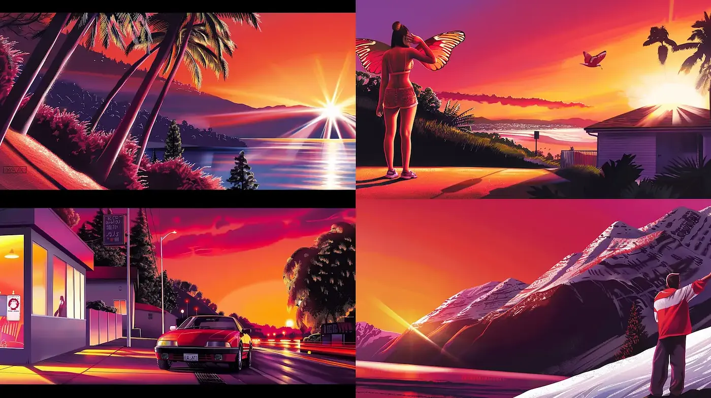 Vibrant Retro-Futuristic Landscapes with Surreal Elements - Midjourney sref style