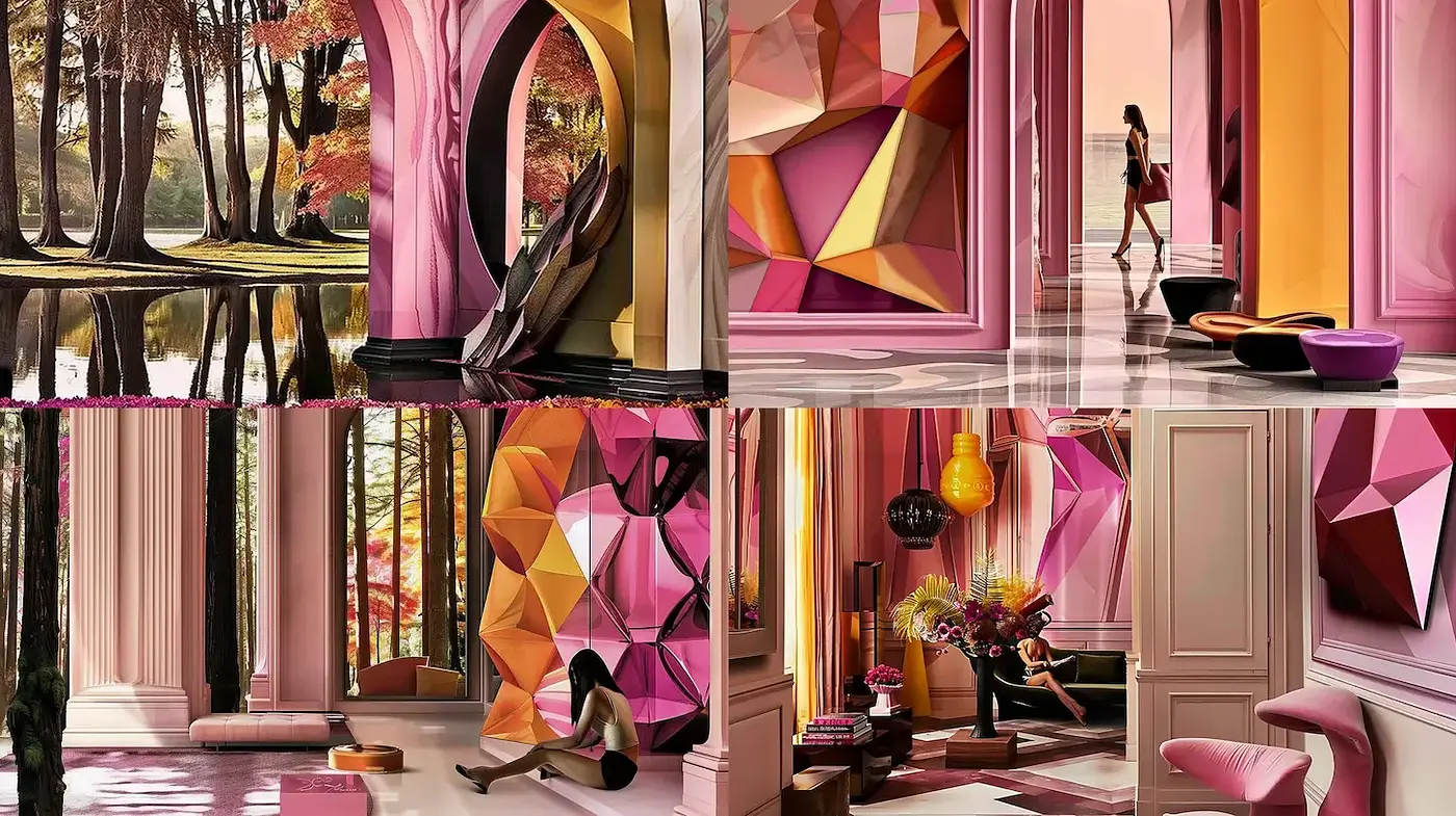 Vibrant and Geometric Interior Aesthetic with Nature Influence - Midjourney sref style