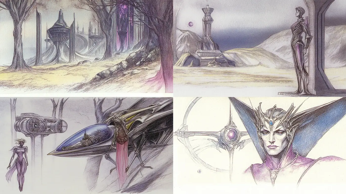 Ethereal Sci-Fi Fantasy Sketches with Soft Tonal Artistry - Midjourney sref style