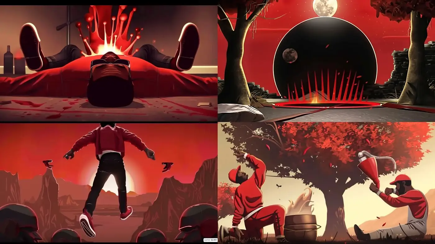 Crimson Epoch: A Fusion of Surrealism and Modern Graphic Novel Aesthetics - Midjourney sref style