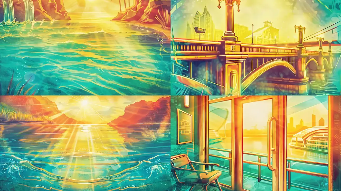 Serene and Vibrant Coastal Landscapes with a Retro Touch - Midjourney sref style