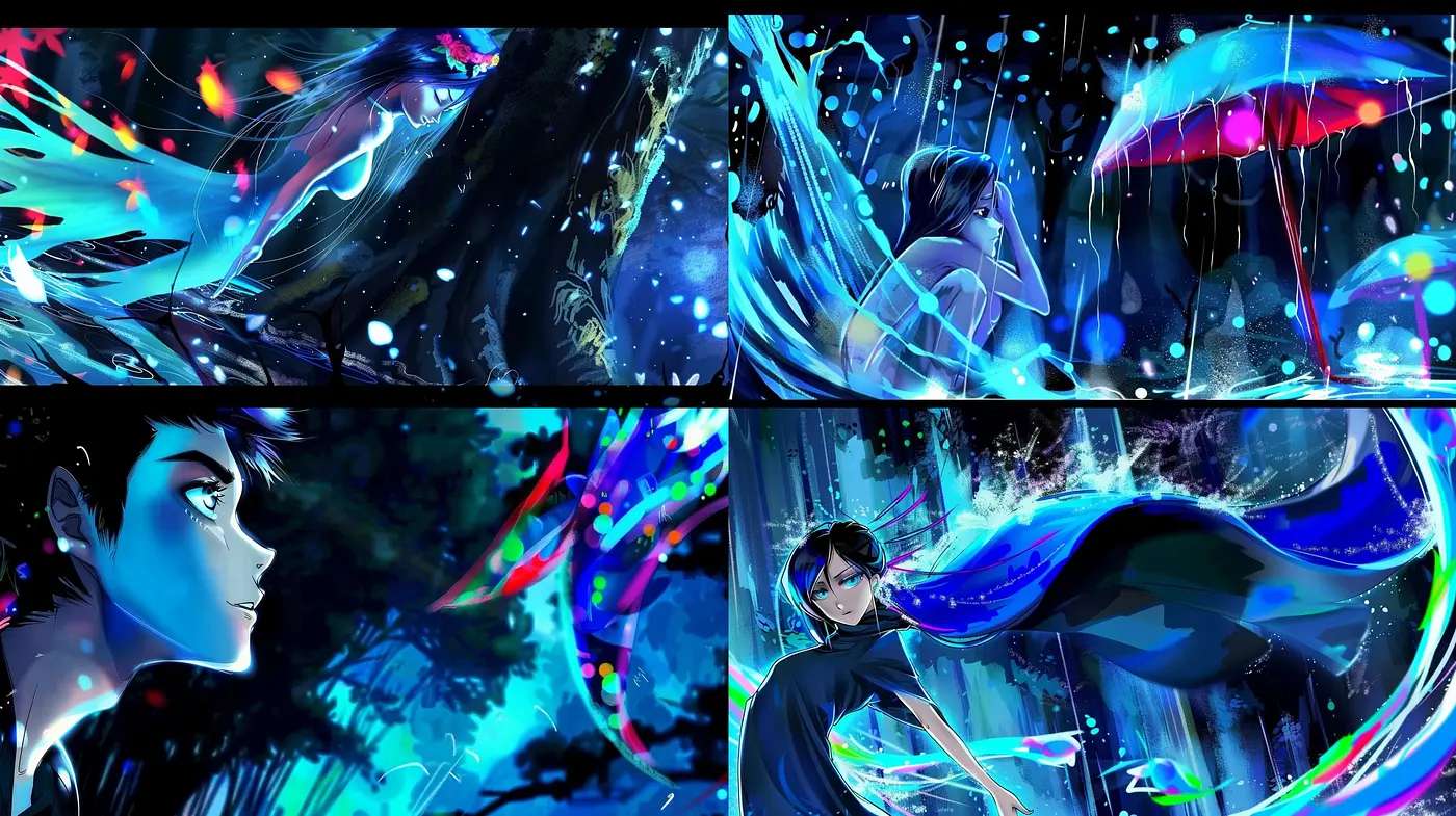 Spectral Cascade: A Fusion of Vivid Anime-Inspired Art with Neon Cyberpunk Overtones - Midjourney sref style