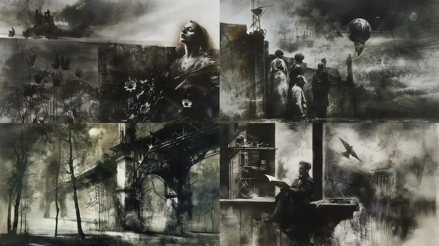 Mystical and Dramatic Monochrome Scenes with a Touch of Surrealism - Midjourney sref style