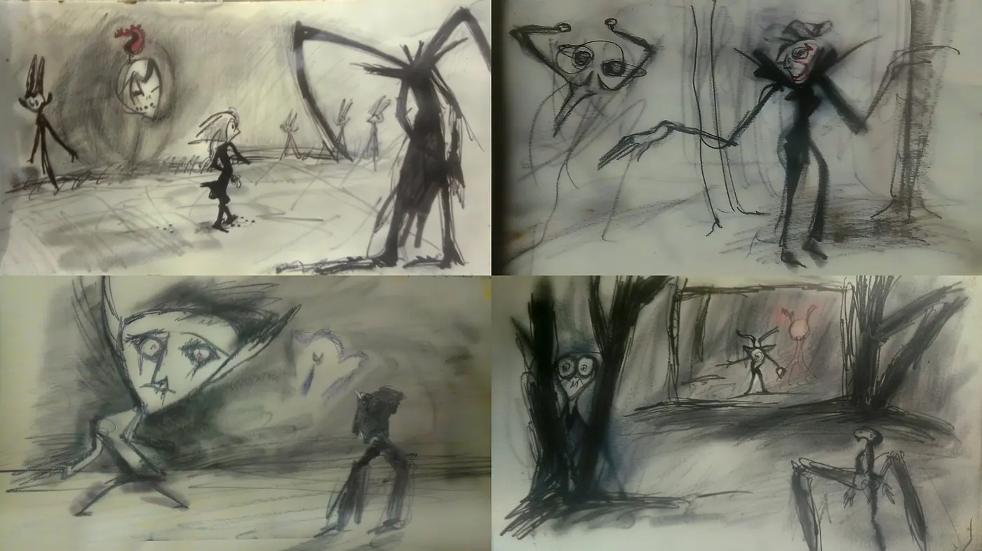 Whimsical Monochromatic Sketches in Surreal Settings - Midjourney sref style