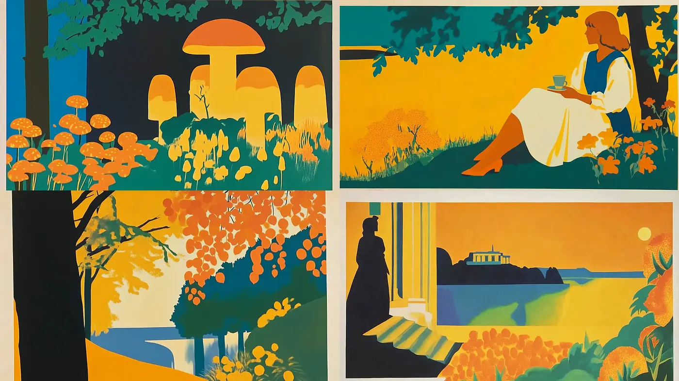 Harmonious Nature-Inspired Silhouettes with a Retro Graphic Appeal - Midjourney sref style