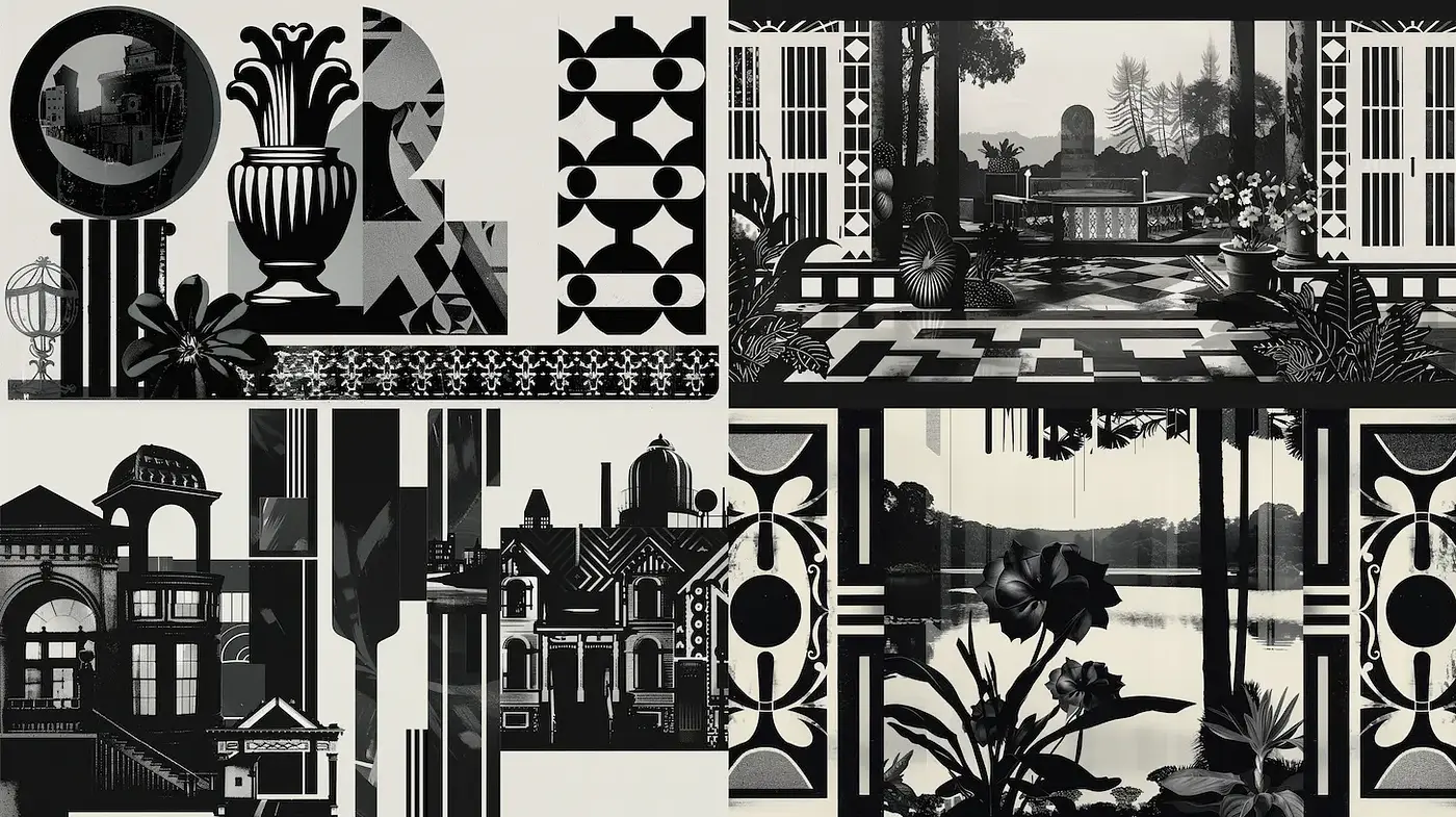 Monochromatic Retro-inspired Art with Geometric Dynamics - Midjourney sref style