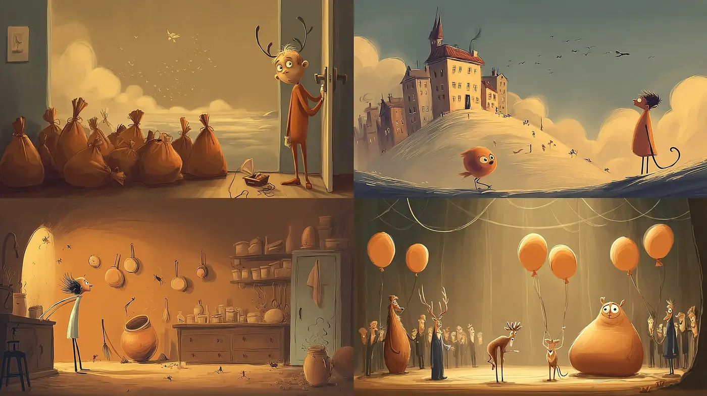 Whimsical and Charming Illustrated Scenes with a Touch of Surrealism - Midjourney sref style