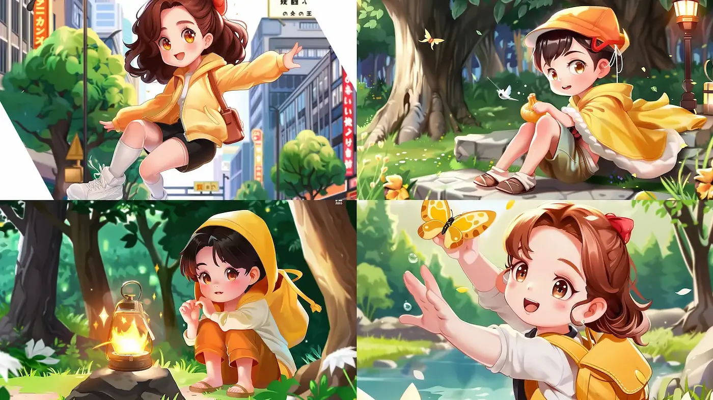 Vibrant and Playful Children in Lush Environments with a Whimsical Touch - Midjourney sref style