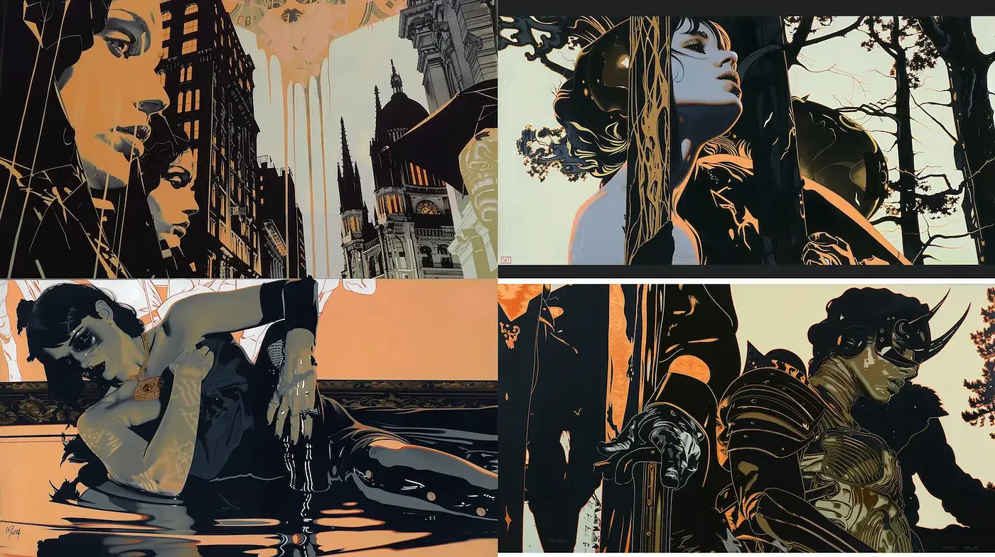 Exploration of Dynamic Composition and Contrasting Figures - Midjourney sref style