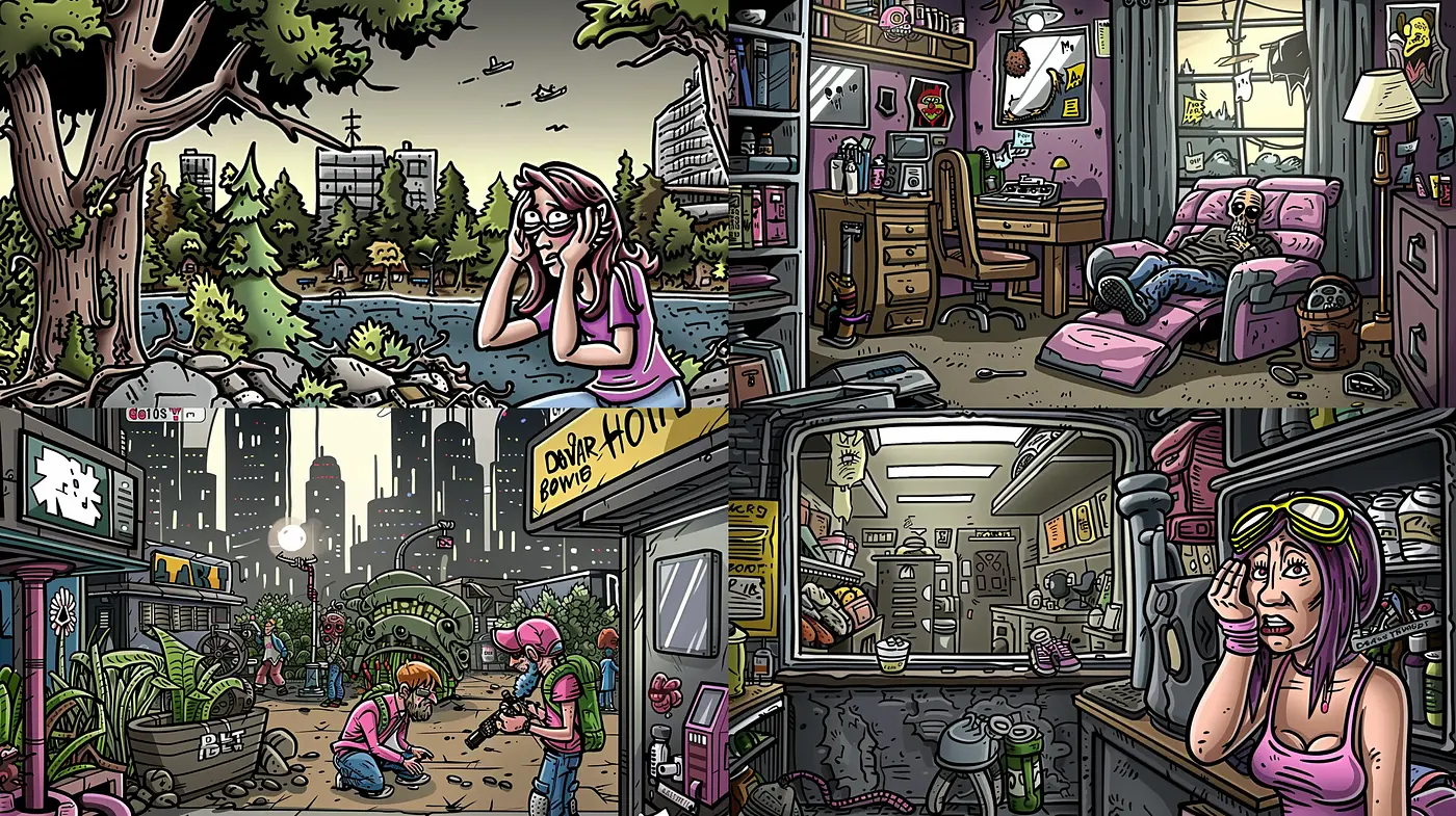 Intricately Detailed Comic Book Narrative Panoramas - Midjourney sref style
