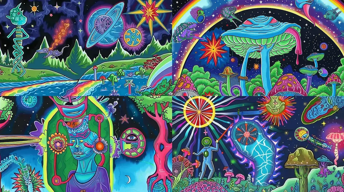 Vibrant Psychedelic Cosmic Landscapes with Surreal Elements - Midjourney sref style