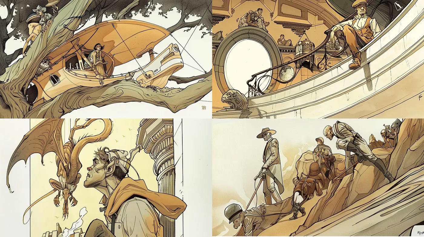Sepia-Toned Adventure in Stylized Illustration - Midjourney sref style