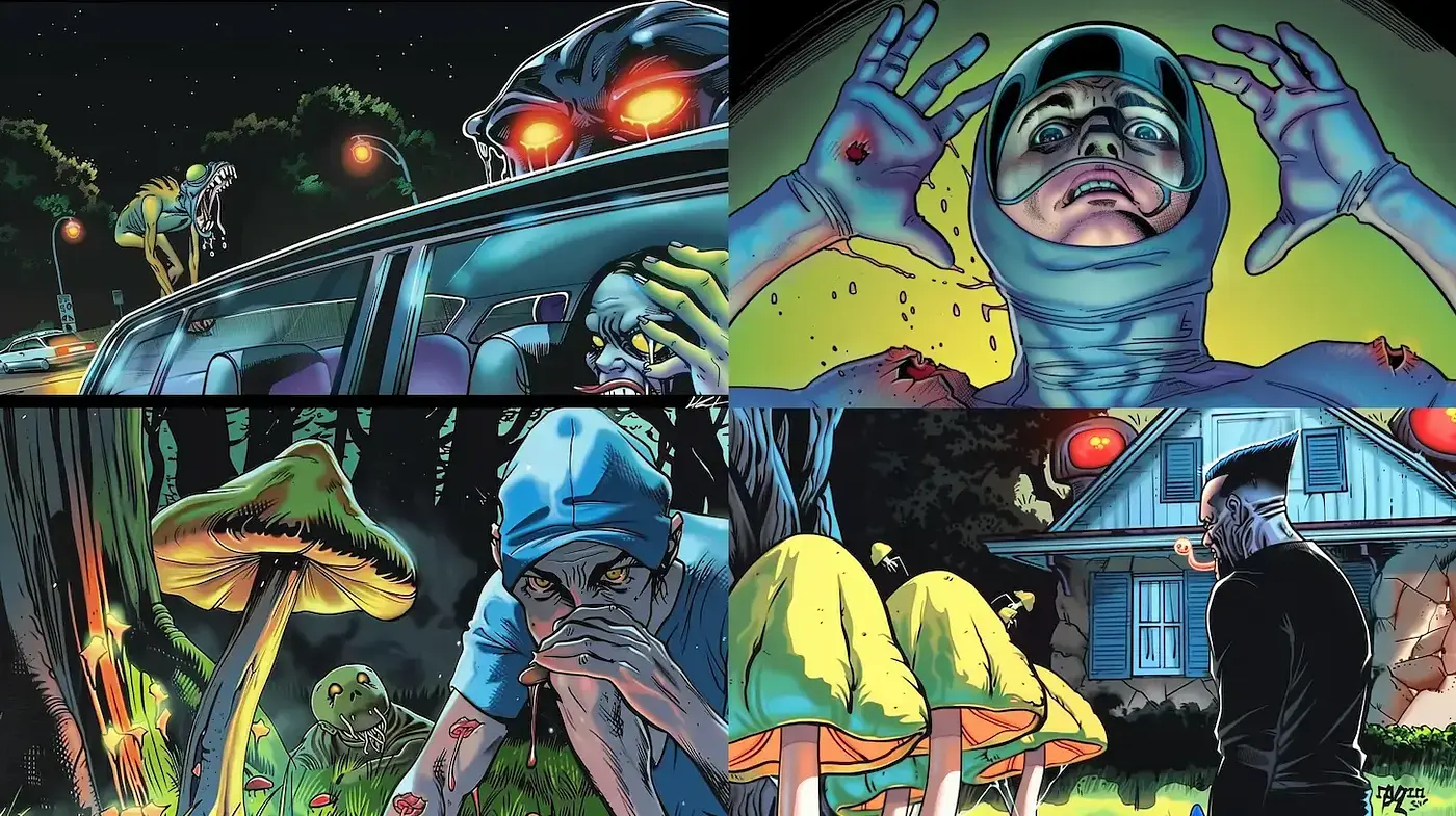 Nocturnal Luminescence in Surreal Comic Narrative - Midjourney sref style