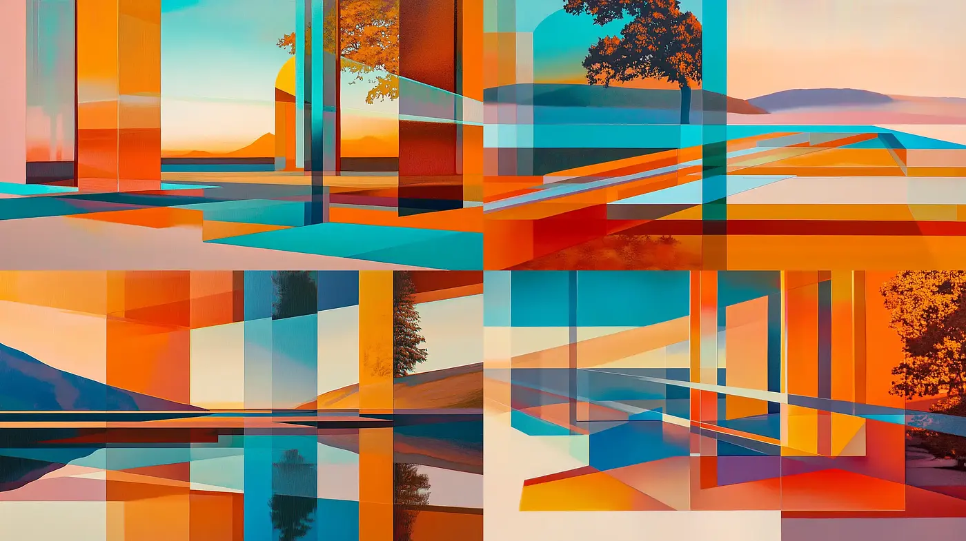 Geometric Sunrise Spectrum: A Study of Abstracted Landscapes in Luminous Hues - Midjourney sref style