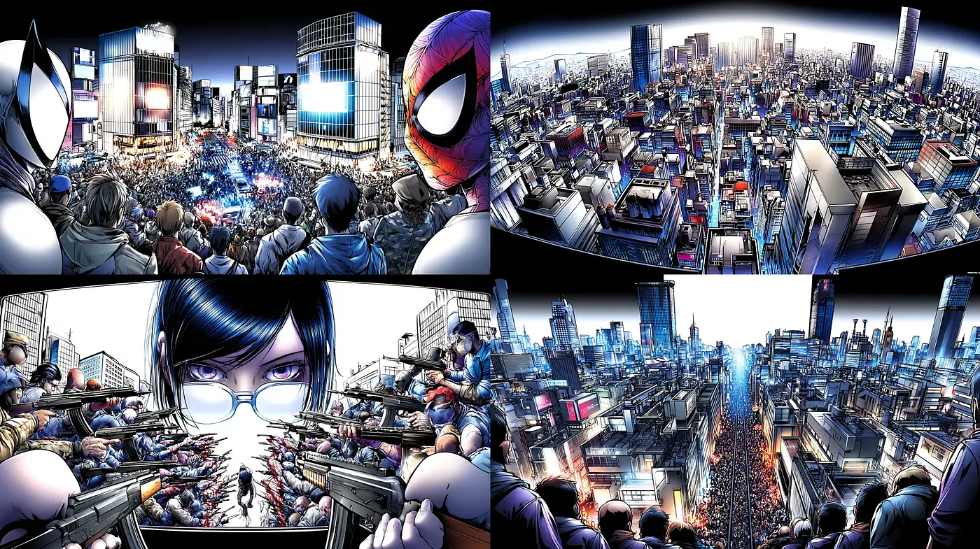 Dynamic Urban Scene with Comic Influences and Futuristic Aesthetics - Midjourney sref style