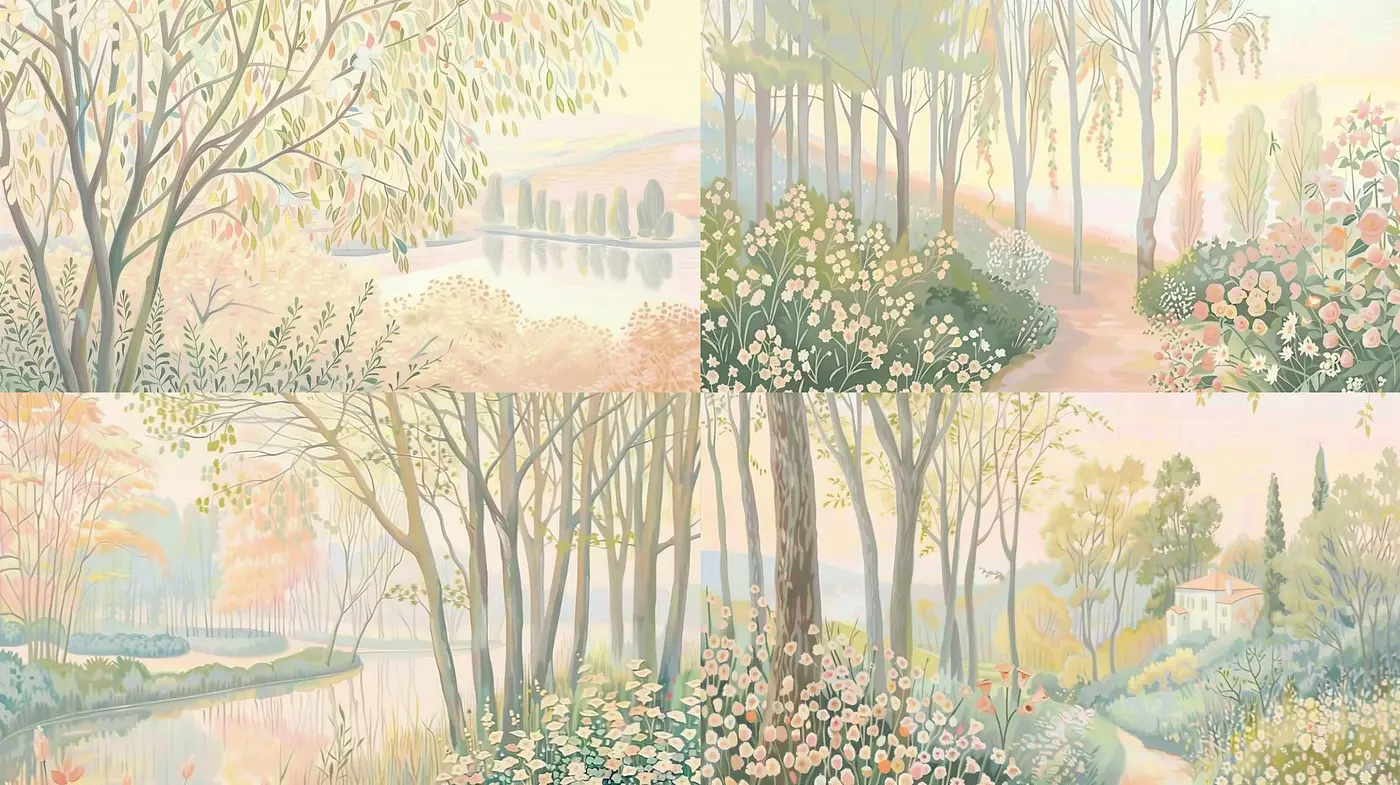 Pastel Nature Harmonies: A Tranquil Interpretation of Impressionist Landscapes - Midjourney sref style