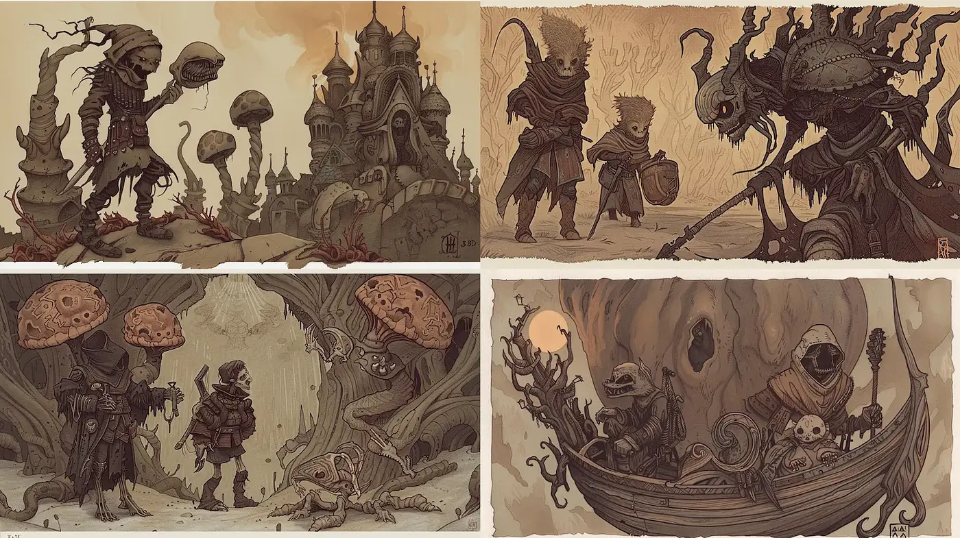 Darkly whimsical fantasy with subdued tones and intricate details - Midjourney sref style