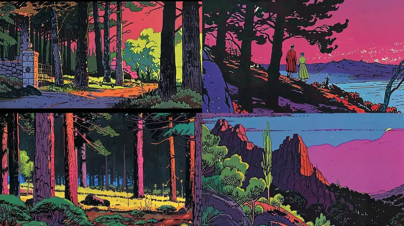Vibrant and Dreamlike Landscapes with a Retro Aesthetic - Midjourney sref style