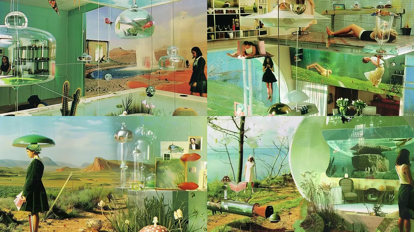 Surrealistic Desert Oasis with Retrofuturistic Overtones - Midjourney sref style
