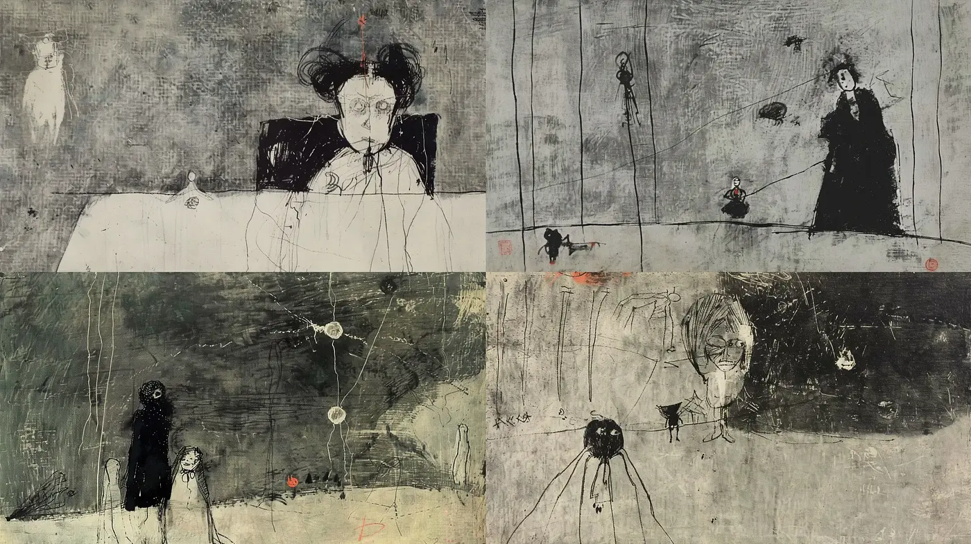 Ethereal Monochromatic Narratives with Surrealist Undertones - Midjourney sref style