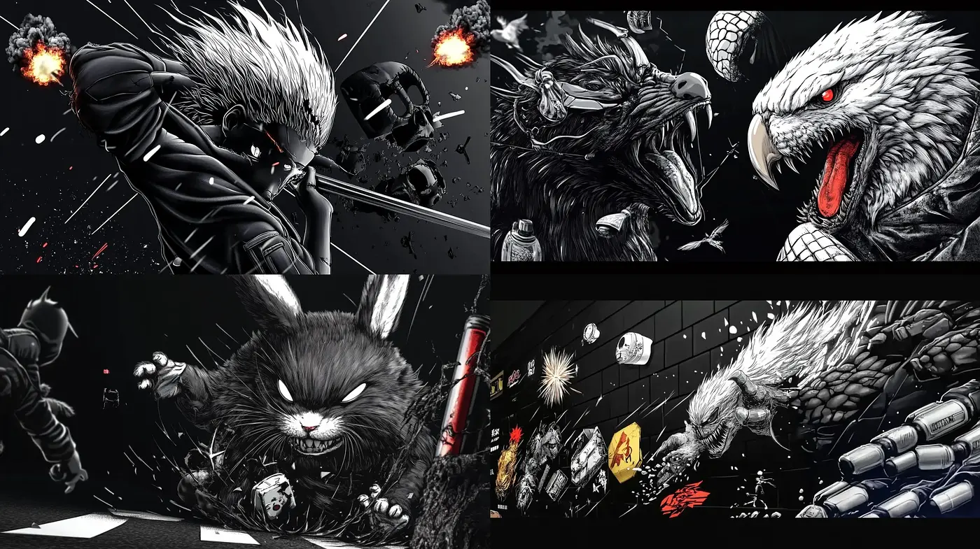 Dynamic Monochromatic Fury: A Study in Aggressive Brushwork and Stark Contrasts - Midjourney sref style